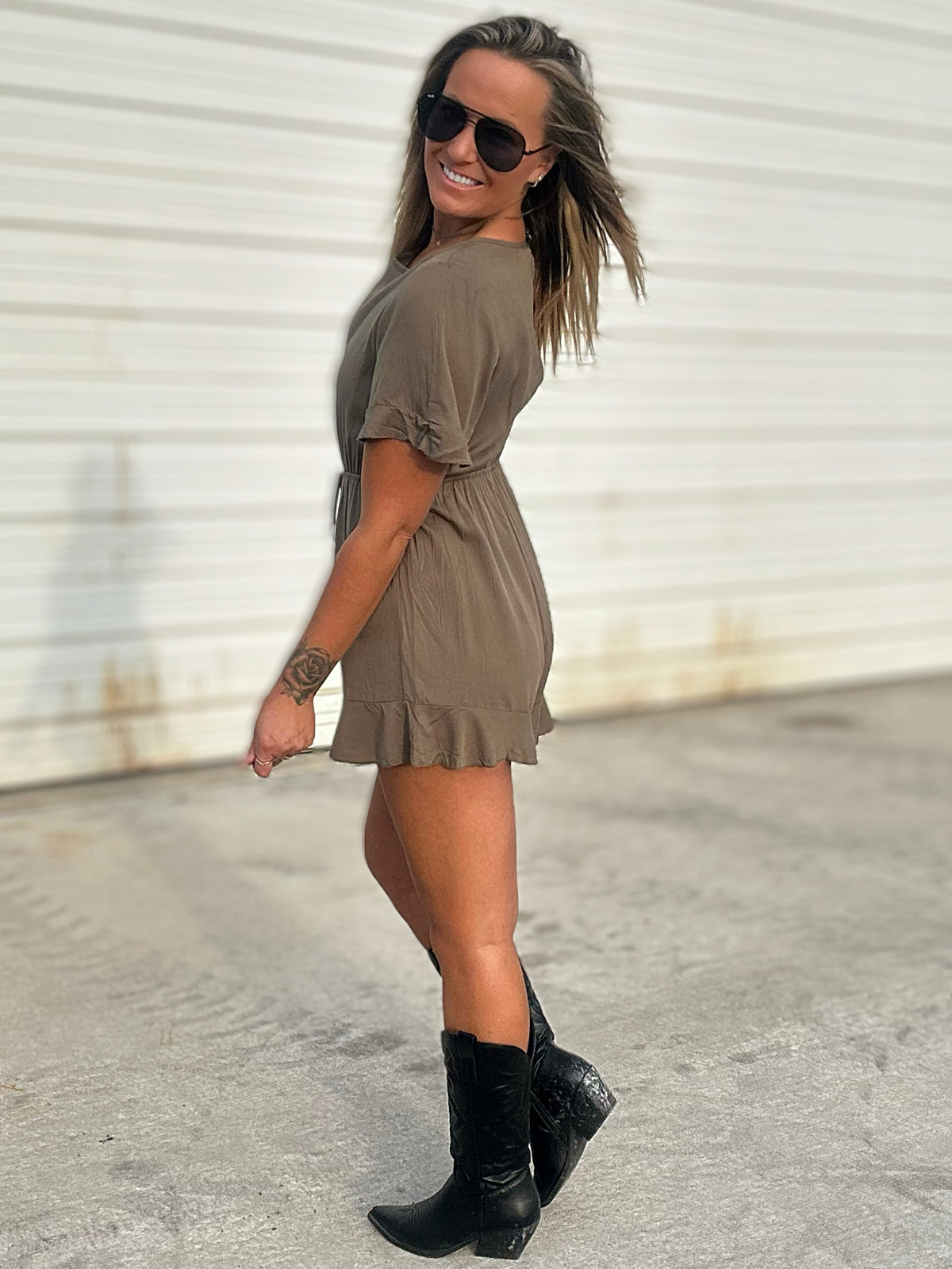 Matte Olive Romper With Scrunch Waist