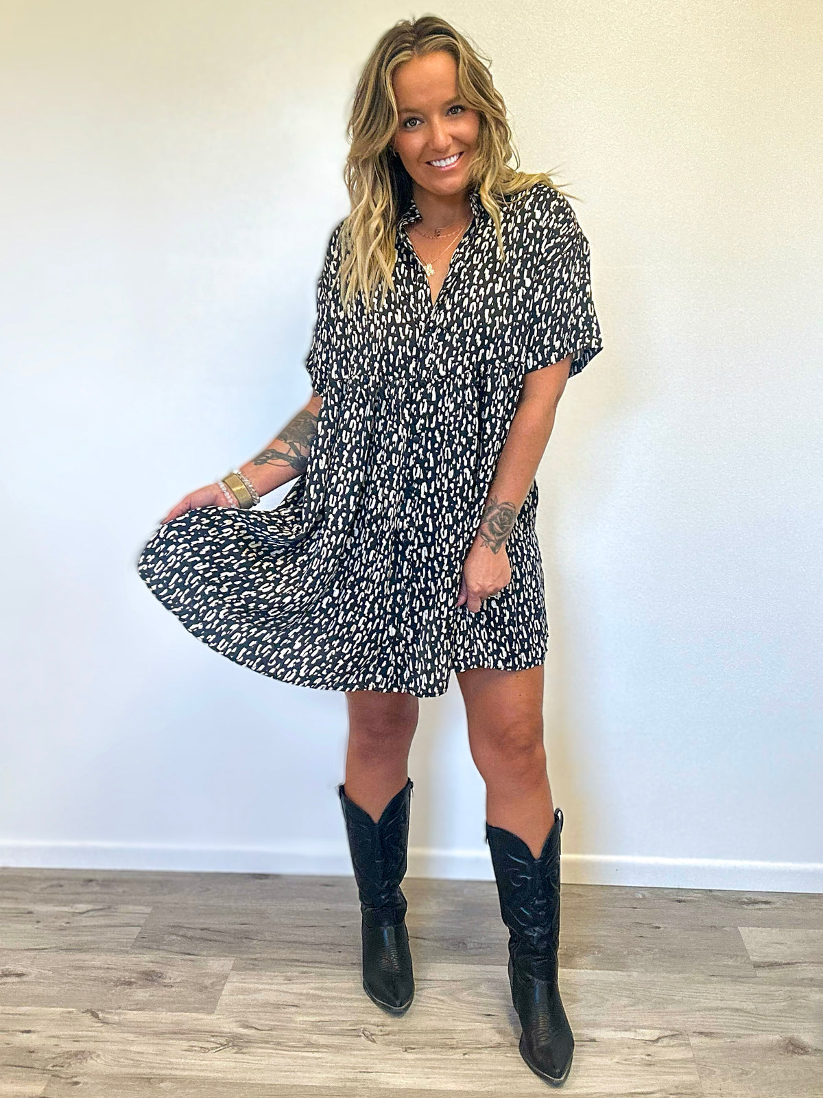 Abstract Print Babydoll Shirt Dress