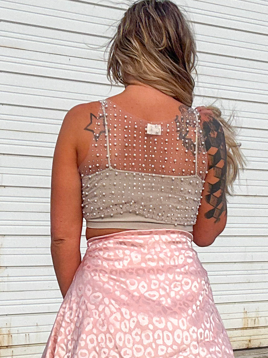 Pearl Embellished Mesh Crop Top