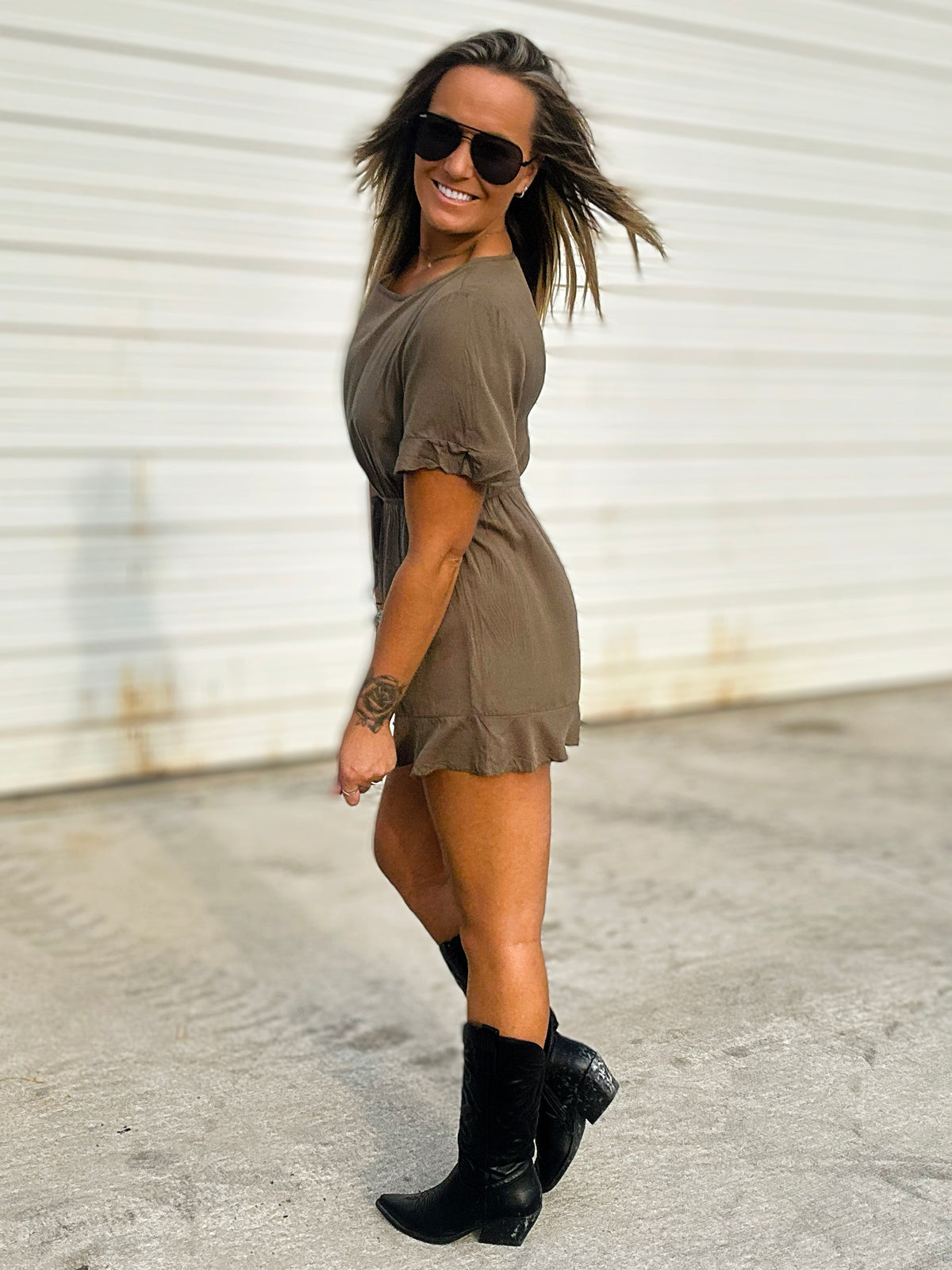 Matte Olive Romper With Scrunch Waist