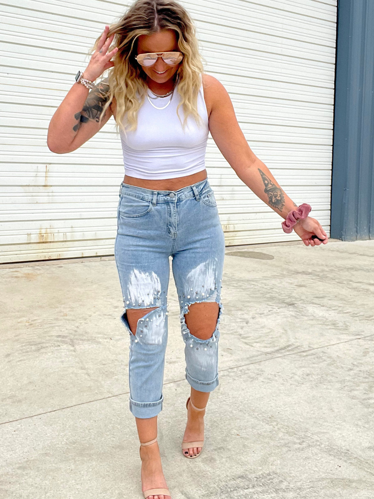 Pearl Beaded Distressed Cut Out Denim Pants