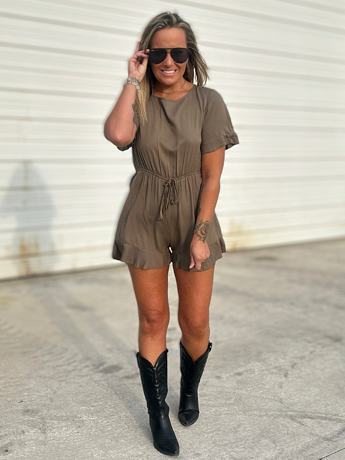 Matte Olive Romper With Scrunch Waist