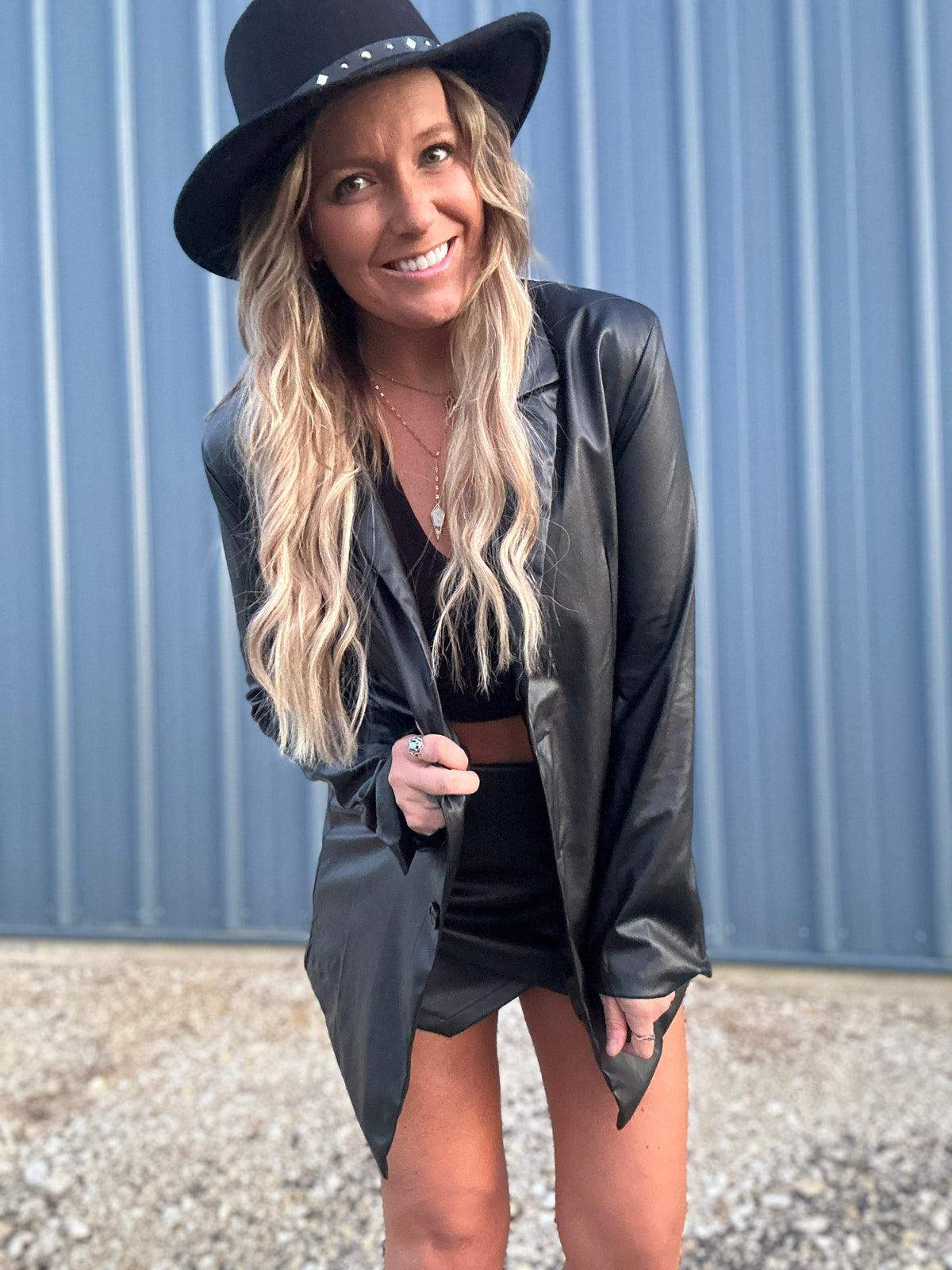 Black Faux Leather Blazer