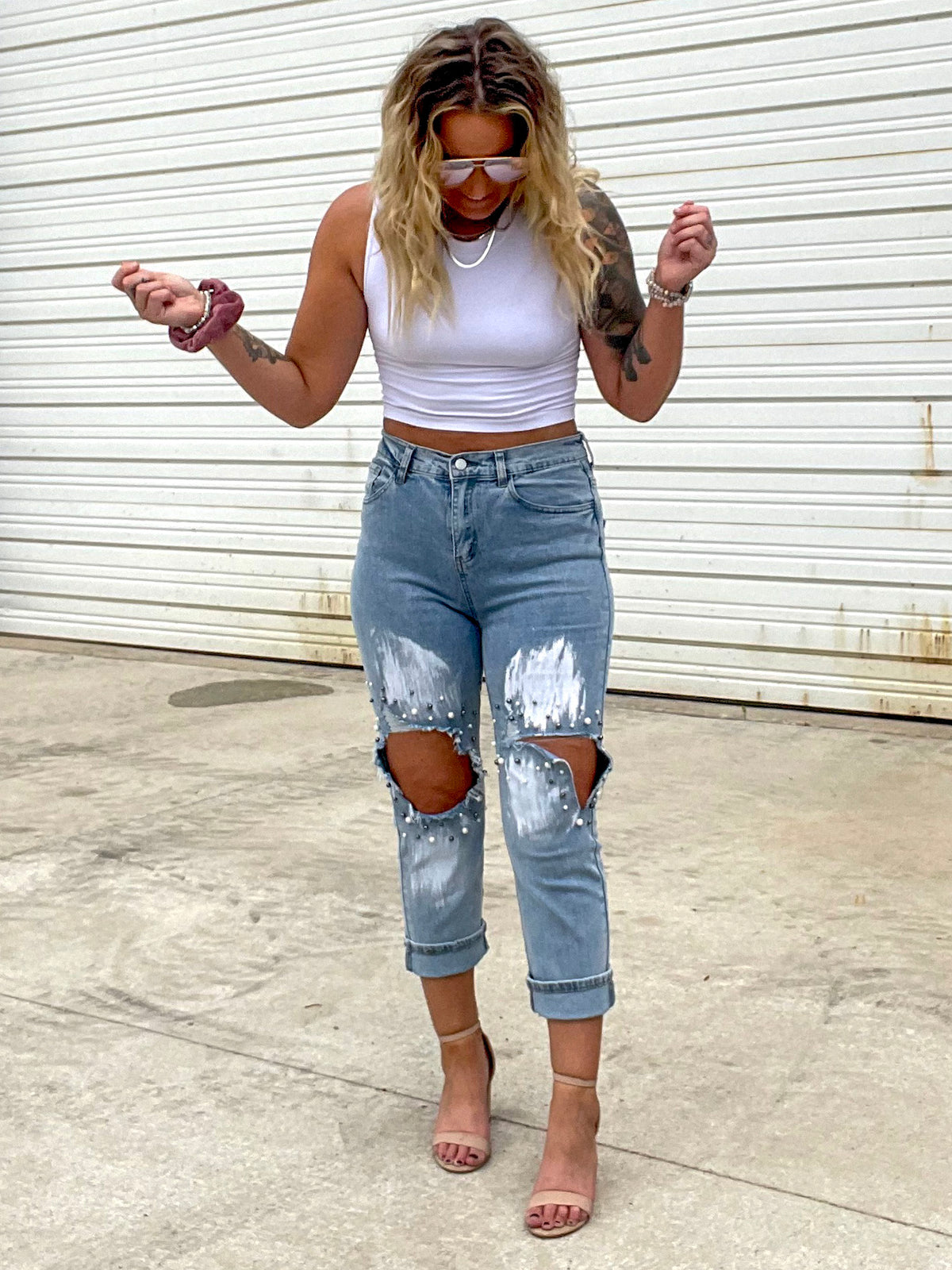 Pearl Beaded Distressed Cut Out Denim Pants