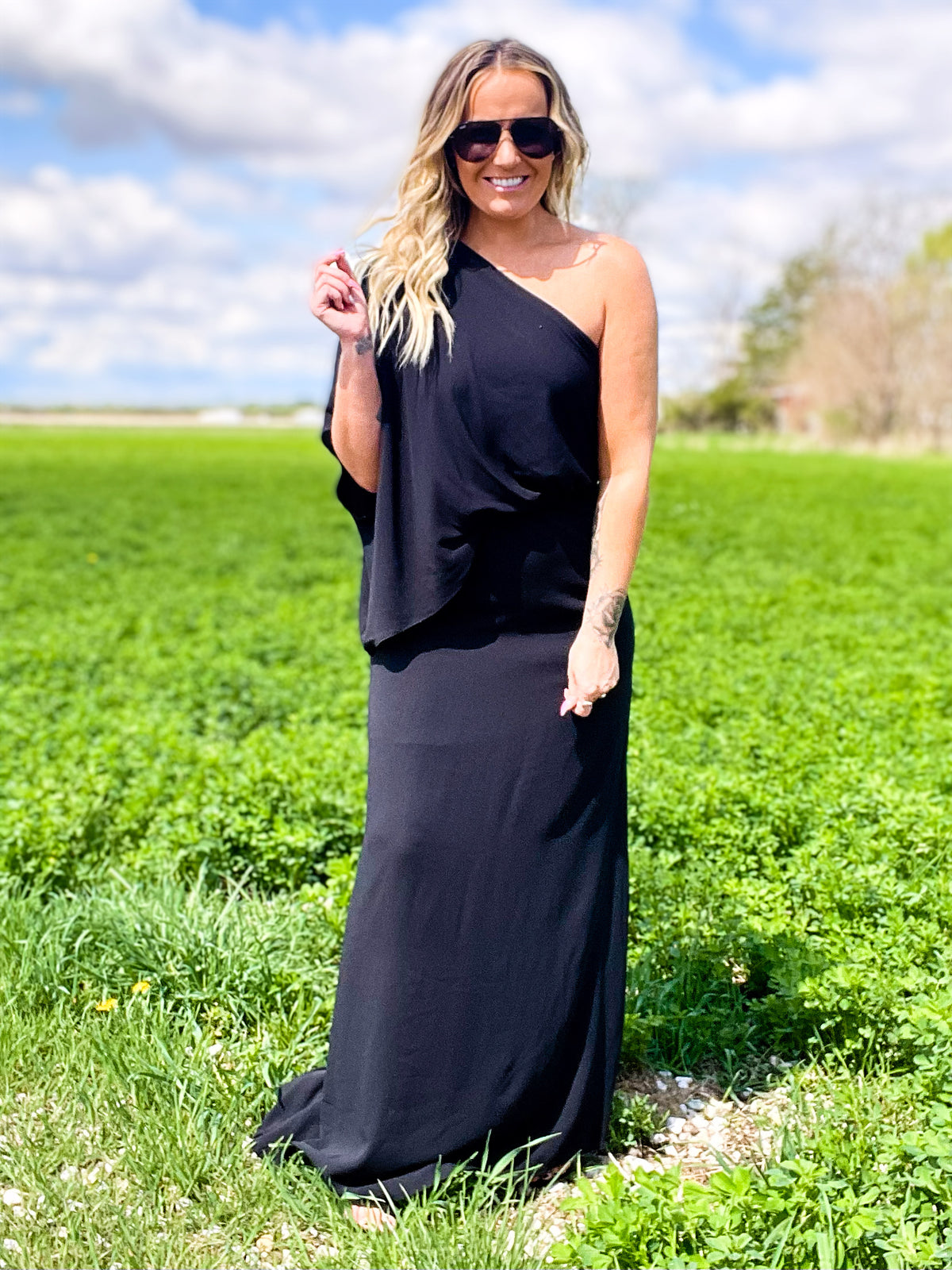 Lean On Me One Shoulder Maxi Dress W/ Side Slit