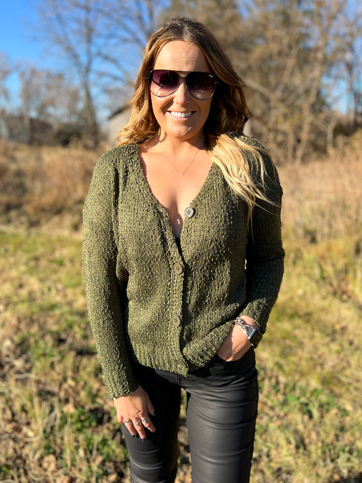 Country Green Button Down Sweater