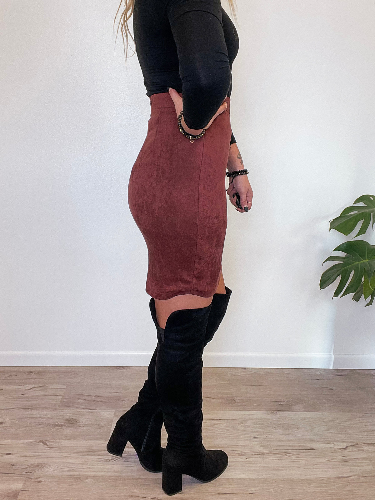 Red Red Wine Suede Midi Skirt