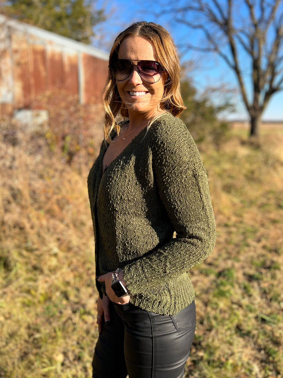 Country Green Button Down Sweater