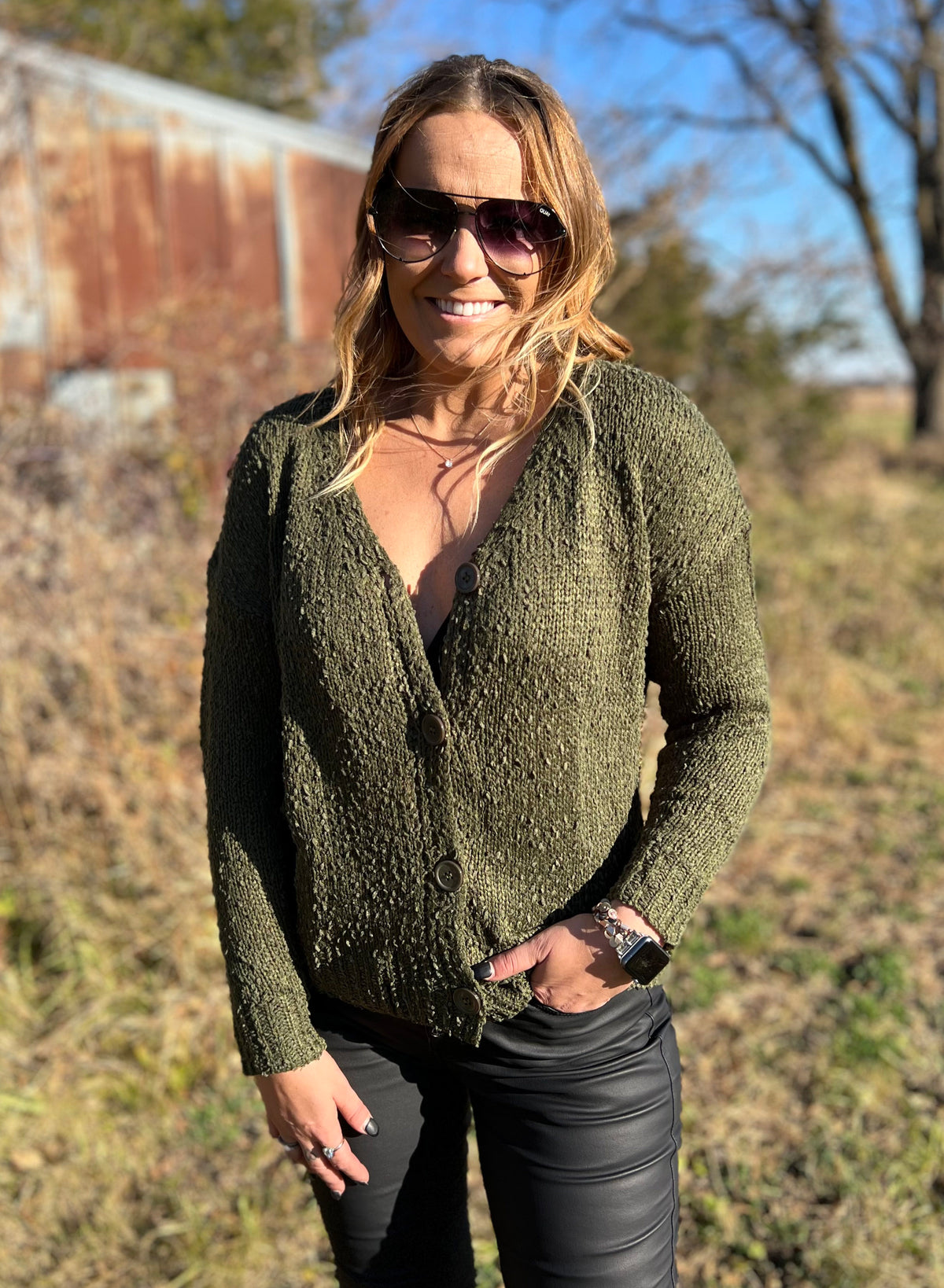 Country Green Button Down Sweater