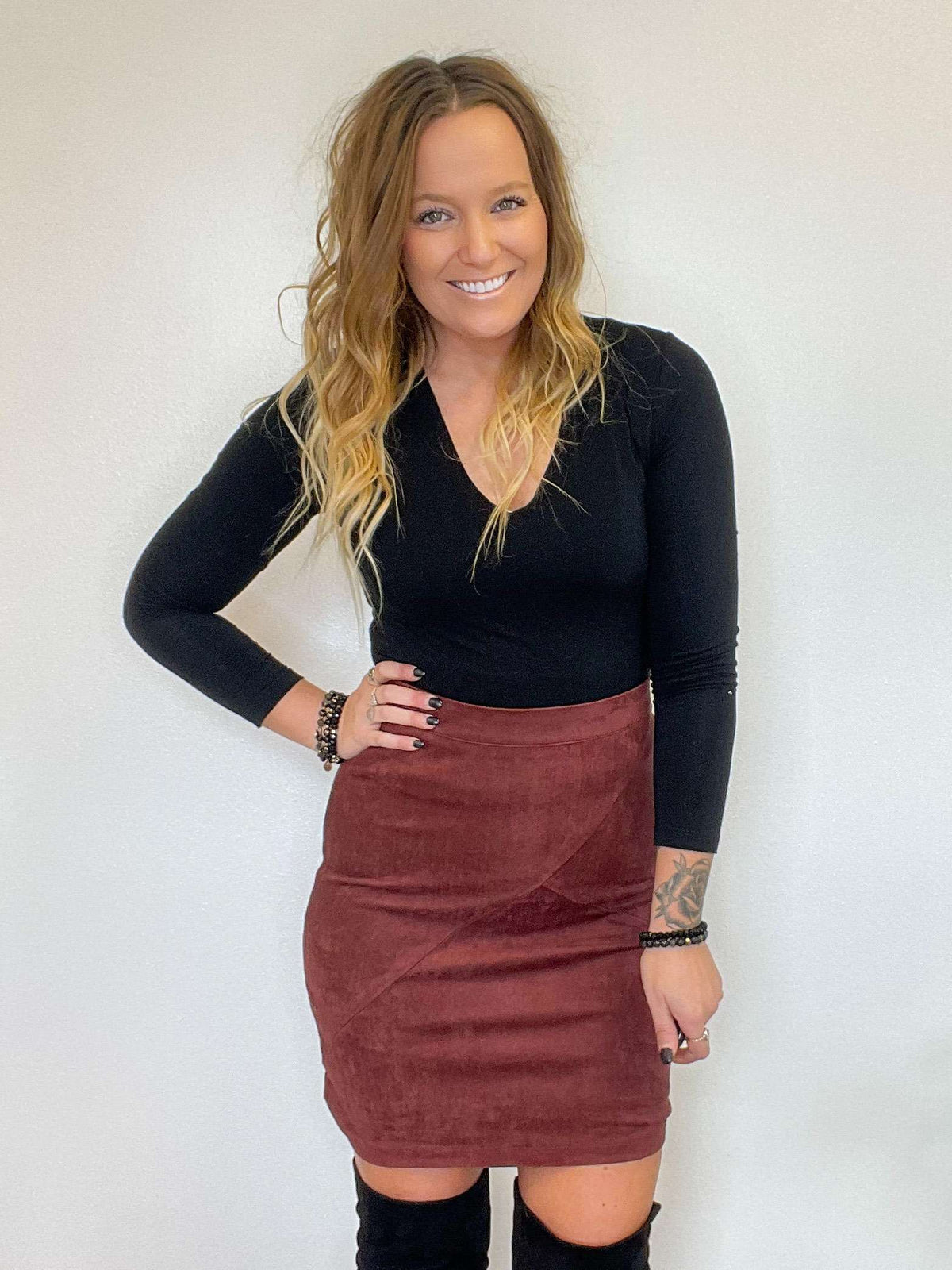 Red Red Wine Suede Midi Skirt