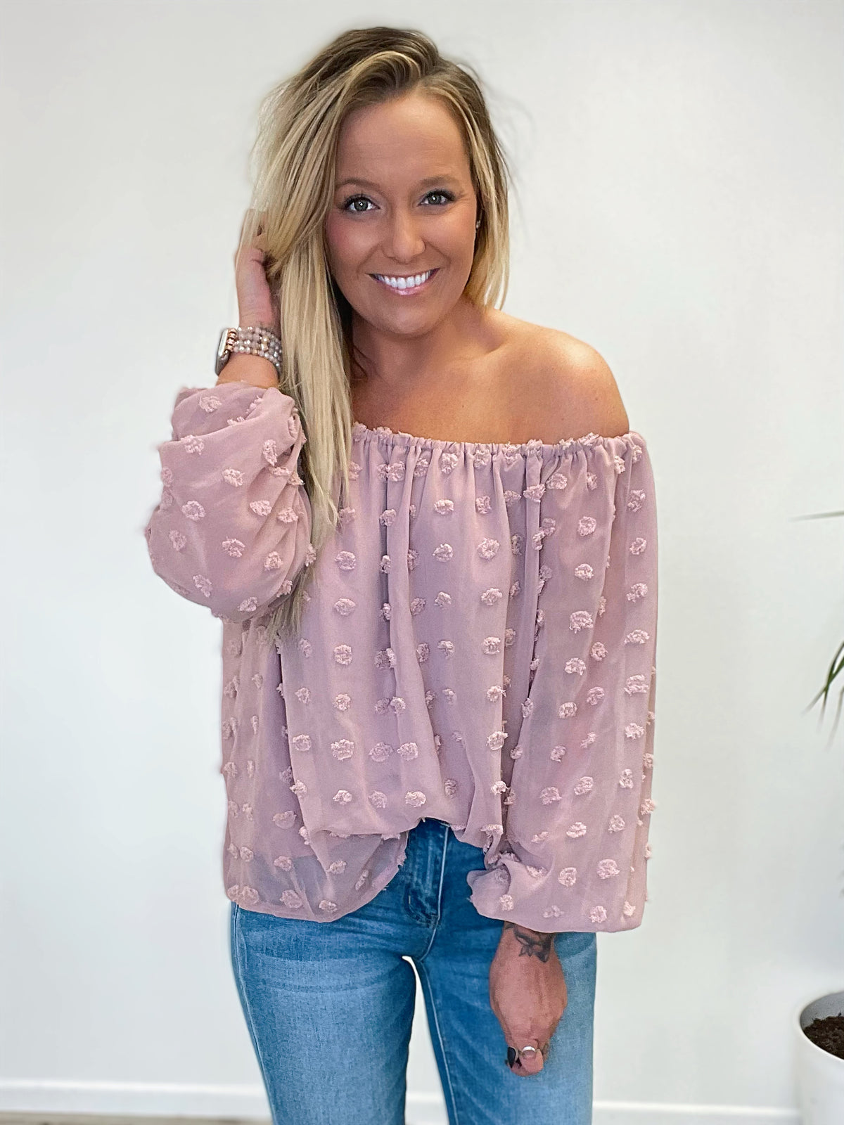 Call it Off The Shoulder Mauve Dot Top