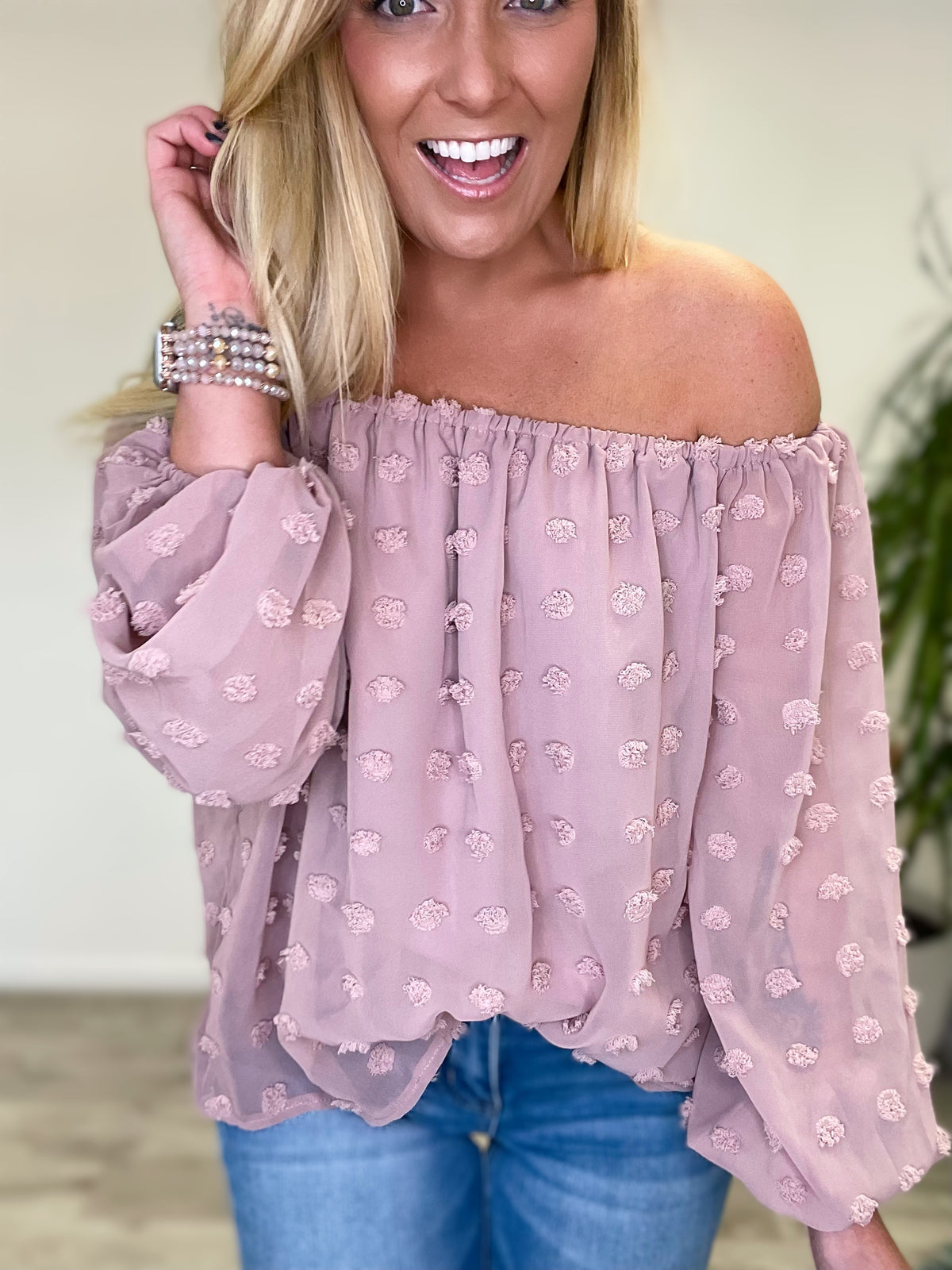 Call it Off The Shoulder Mauve Dot Top