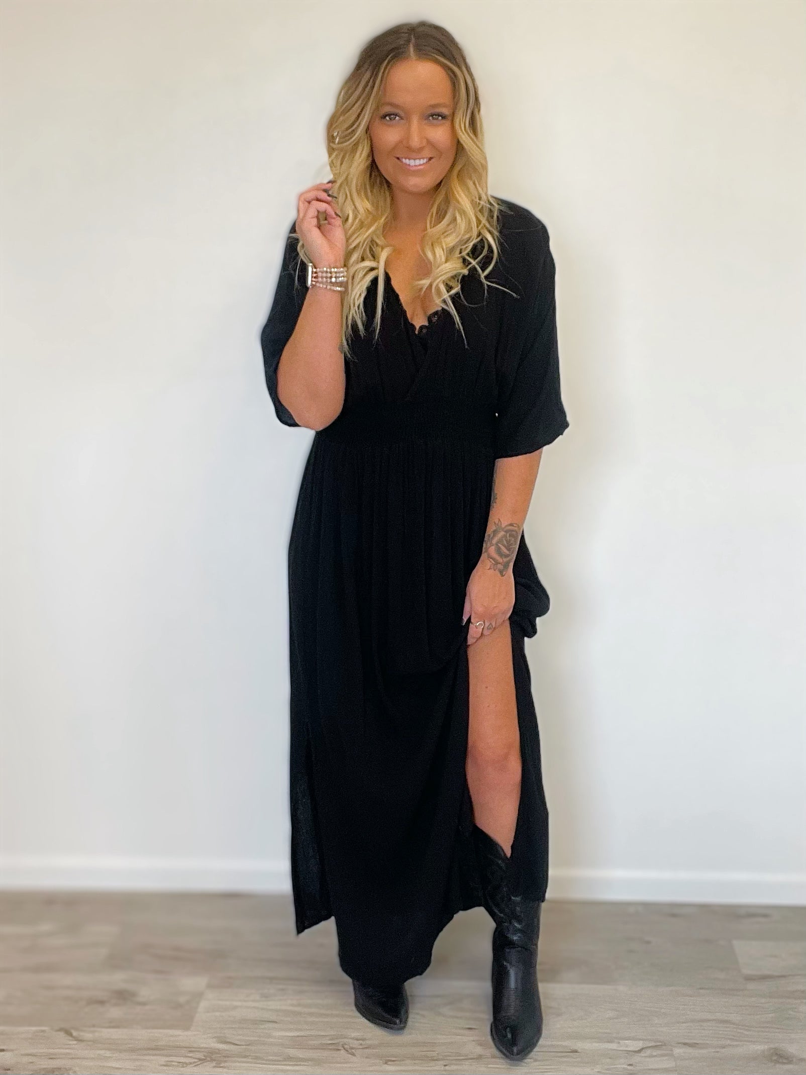 Swept away black clearance long sleeve maxi dress