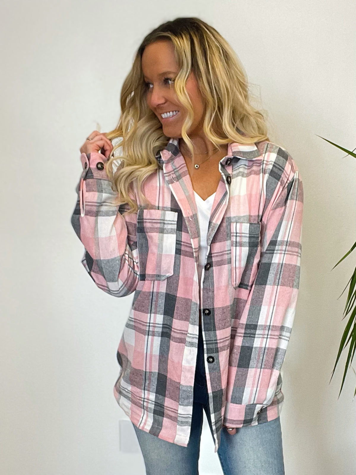 Dream Weaver Pink & Gray Button Down Shirt