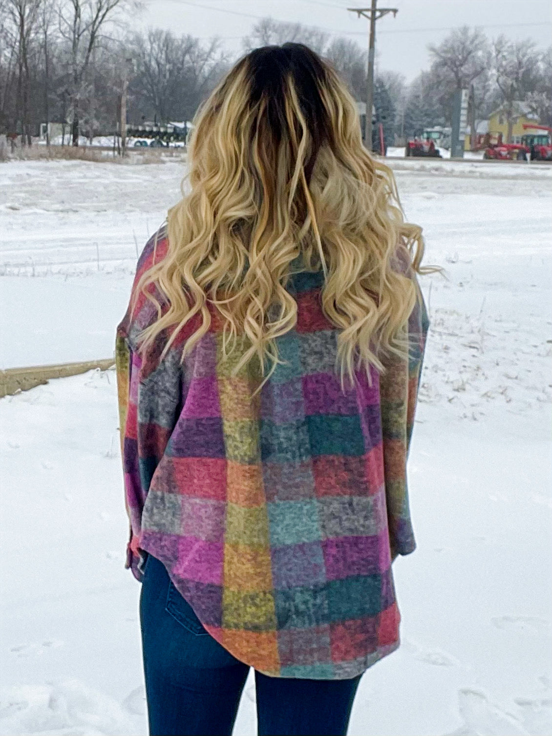 She's A Rainbow Loose Fit Plaid Fleece Jacket