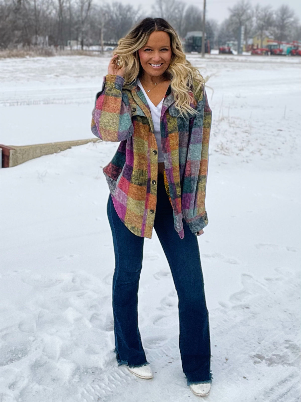 She's A Rainbow Loose Fit Plaid Fleece Jacket