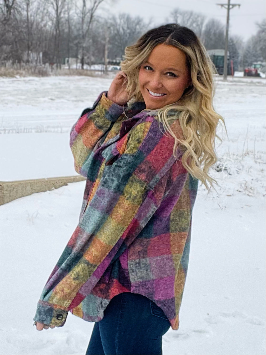 She's A Rainbow Loose Fit Plaid Fleece Jacket