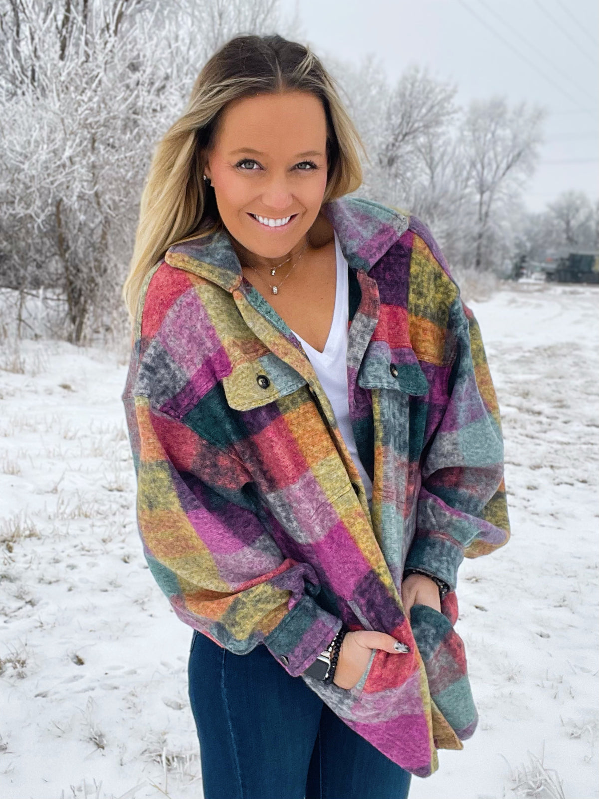 She's A Rainbow Loose Fit Plaid Fleece Jacket