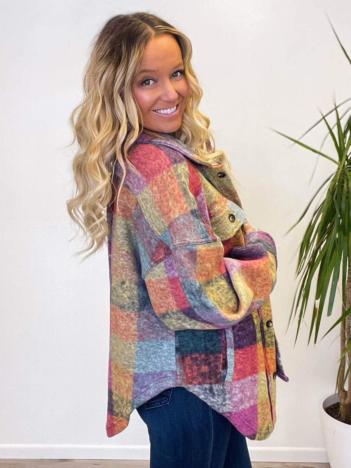 She's A Rainbow Loose Fit Plaid Fleece Jacket