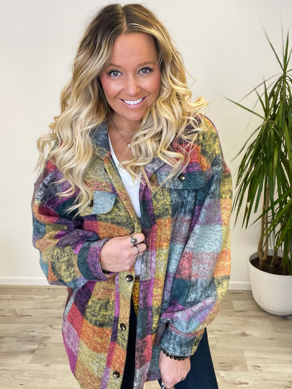 She's A Rainbow Loose Fit Plaid Fleece Jacket