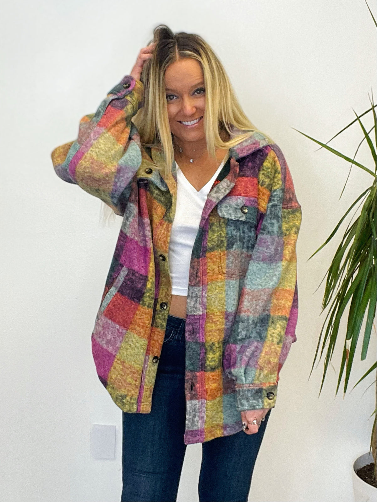 She's A Rainbow Loose Fit Plaid Fleece Jacket