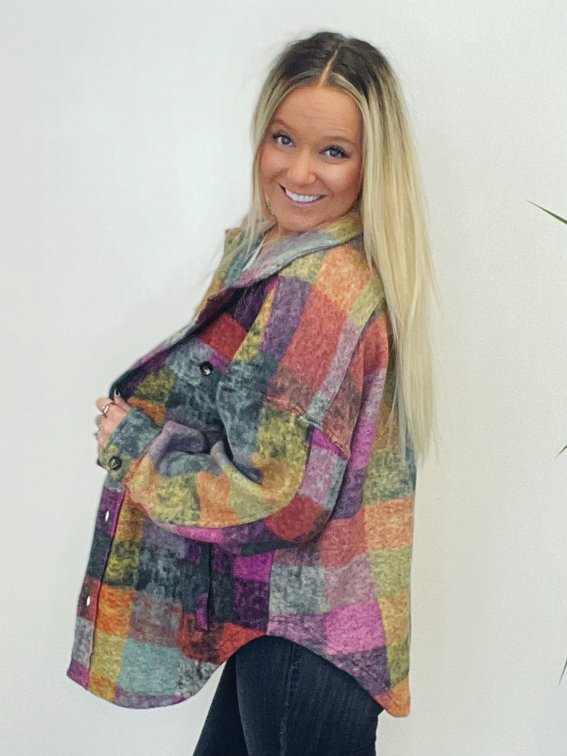 She's A Rainbow Loose Fit Plaid Fleece Jacket