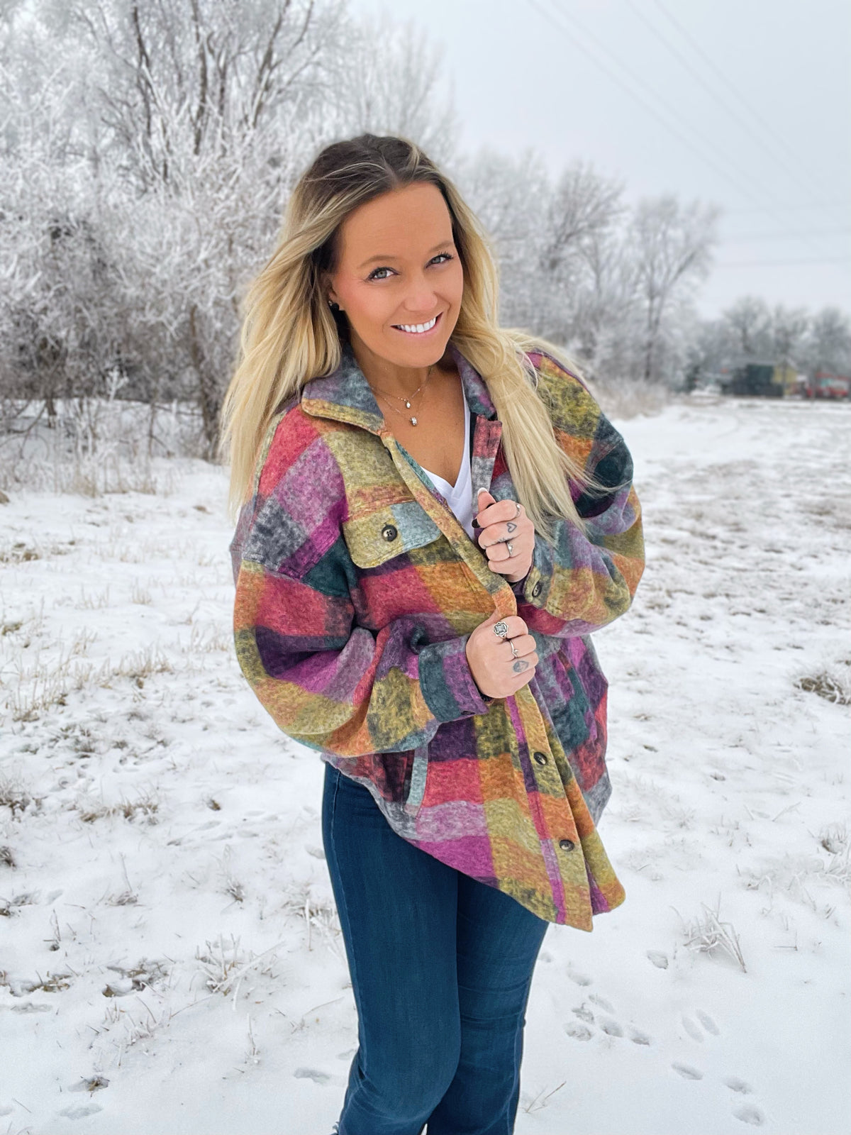 She's A Rainbow Loose Fit Plaid Fleece Jacket