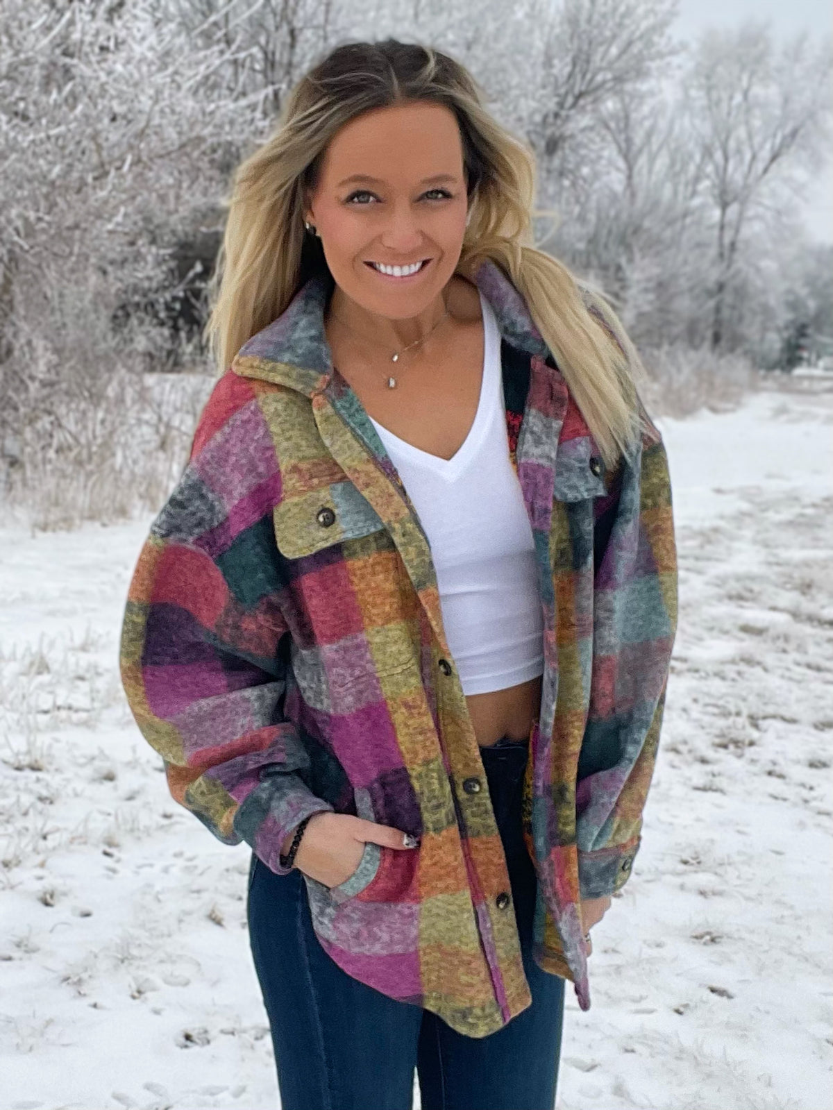 She's A Rainbow Loose Fit Plaid Fleece Jacket